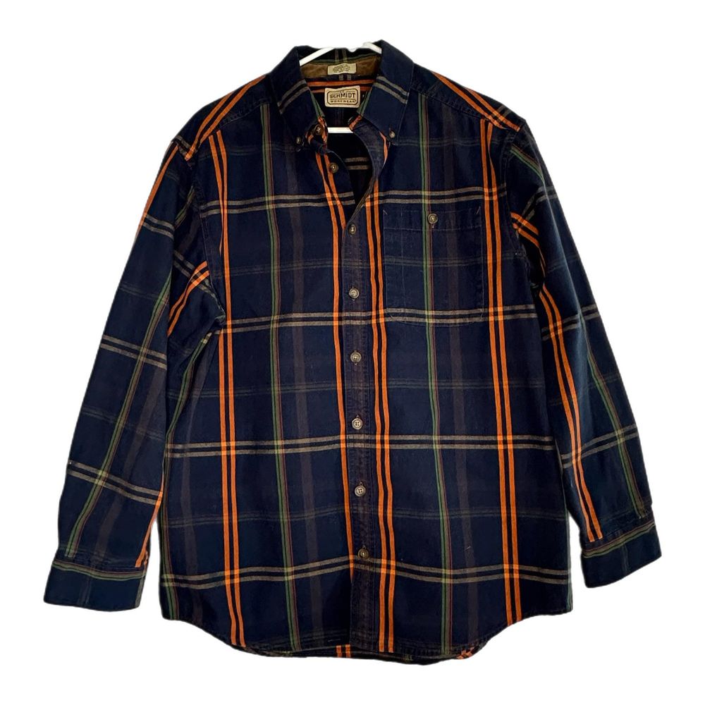 C22 C.E. Schmidt Blue, Orange, Green Plaid Button Down Work Shirt, Medium